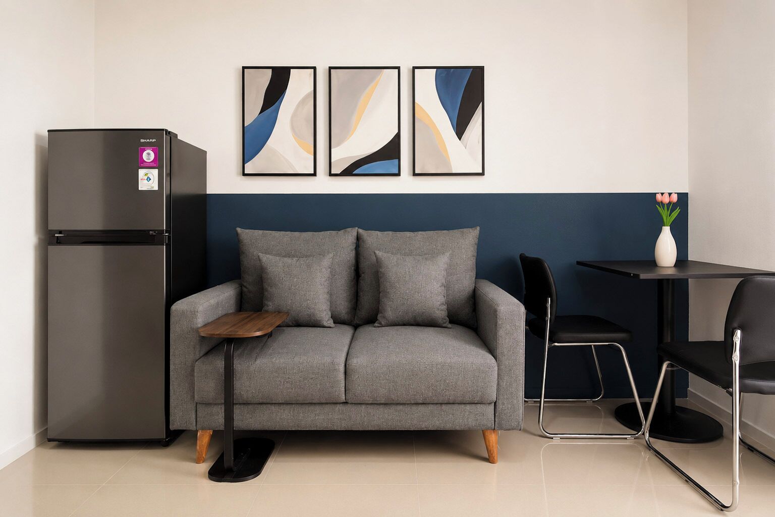 A modern kitchenette with a grey sofa, a black refrigerator, and abstract wall art.