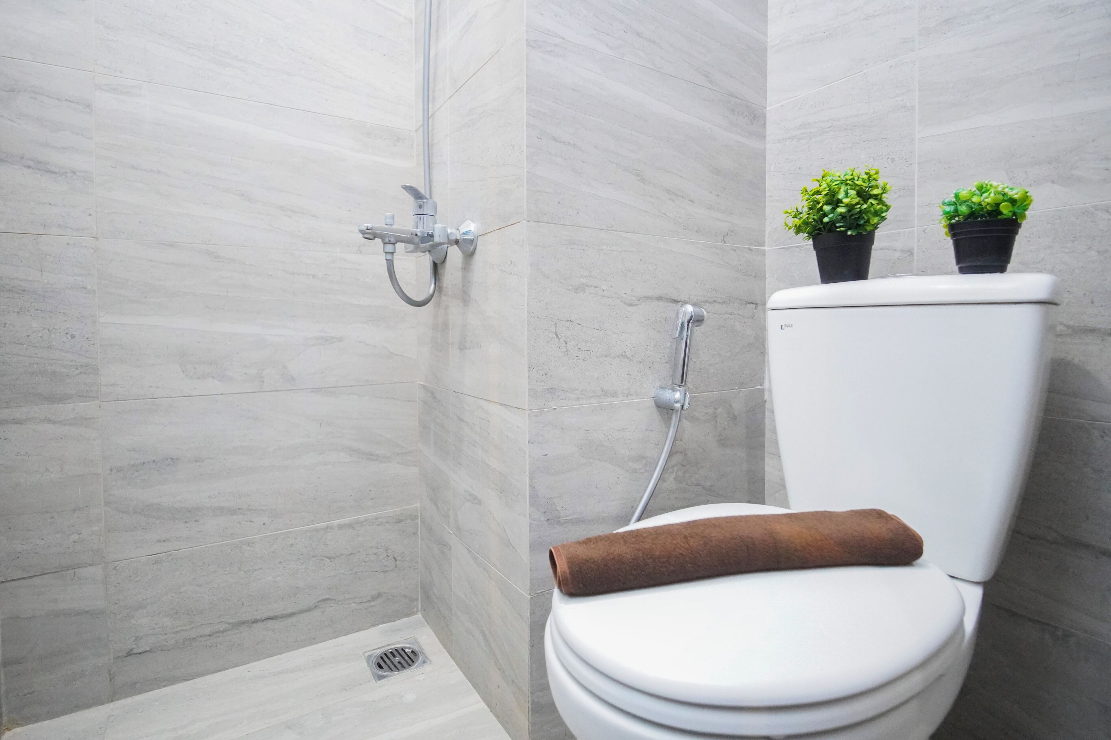 Un baño con inodoro blanco, ducha y dos plantas en macetas en la pared.