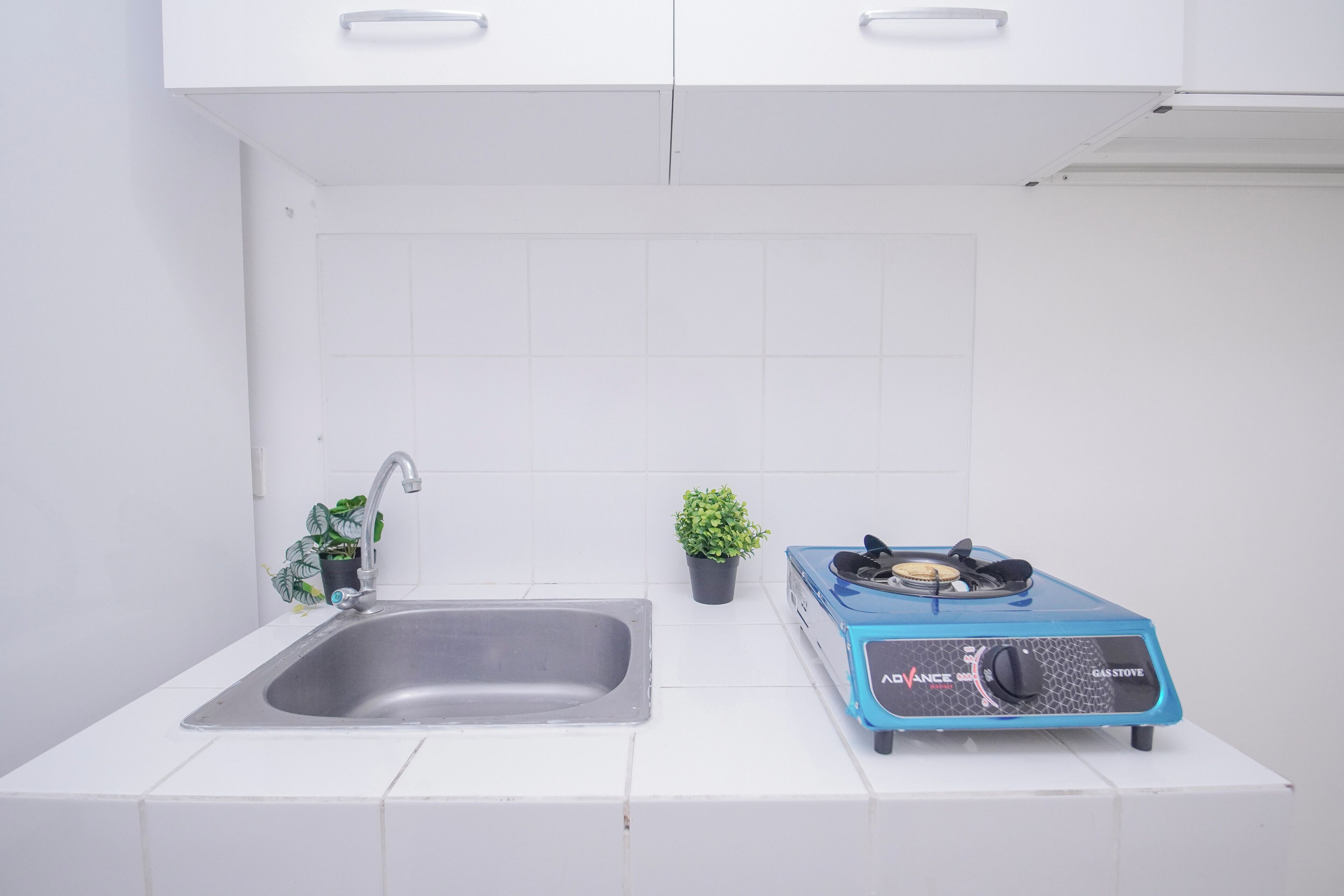 Cocina pequeña con un lavamanos, cocina a gas y dos macetas.