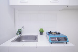 Cocina pequeña con un lavamanos, cocina a gas y dos macetas.