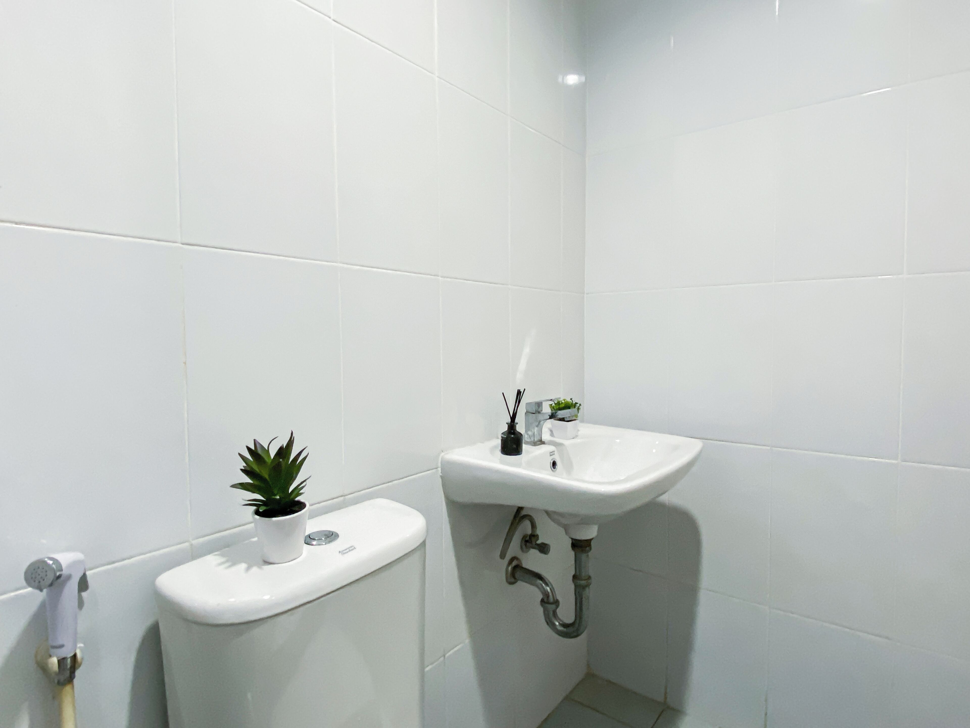 A bathroom with white tiles, a toilet, a sink, a small potted plant, and a showerhead.
