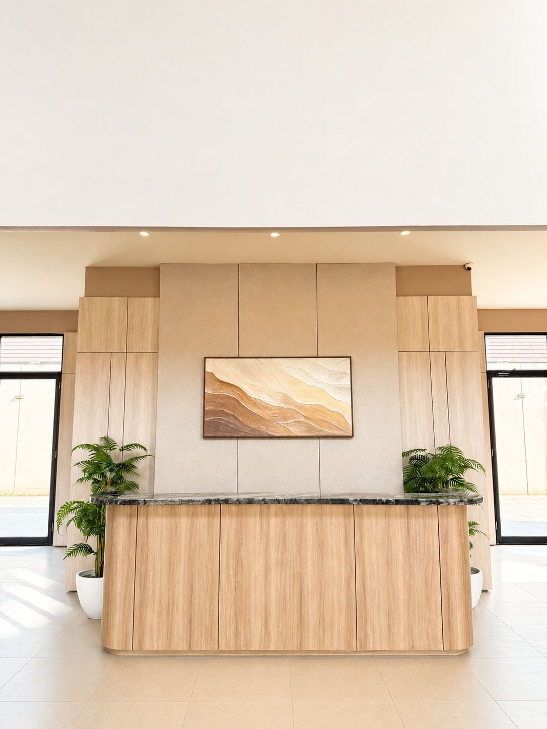 A reception desk with a marble top, flanked by two potted plants, in a modern lobby with a large abstract painting above.