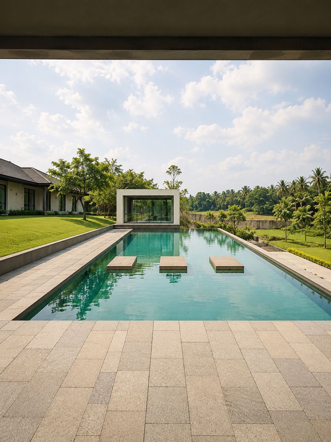 Piscina rectangular con agua cristalina y un borde empedrado.