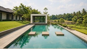 A rectangular swimming pool with clear blue water, surrounded by a paved deck. - Serene Modern 1BR at Sora Villa Cilegon (Cilegon)