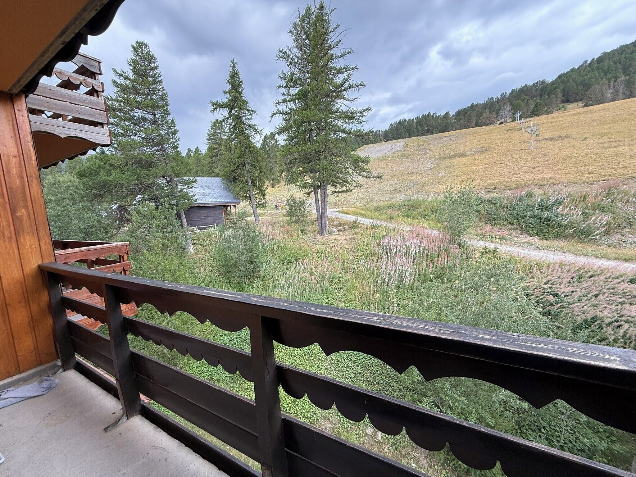 Un balcon en bois offrant une vue sur un paysage rural, avec des arbres et un petit bâtiment.