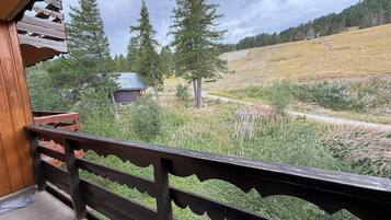 Un balcon en bois offrant une vue sur un paysage rural, avec des arbres et un petit bâtiment.