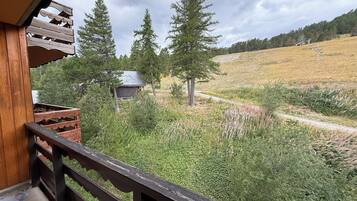 A wooden balcony with a view of a rural landscape, including trees and a small building.