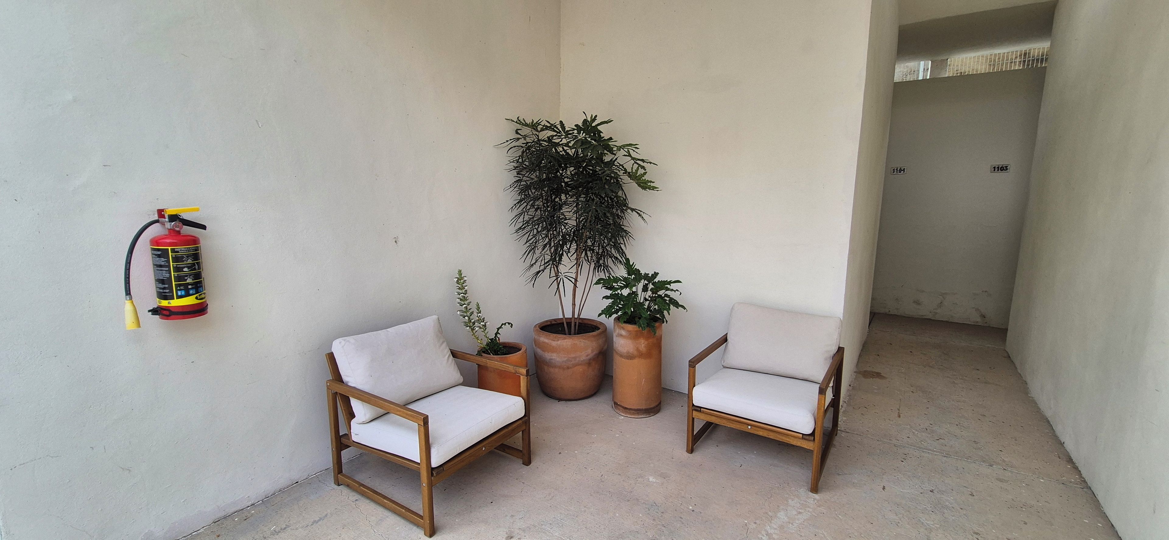 A small outdoor seating area with two wooden chairs, a fire extinguisher mounted on the wall, and two potted plants.