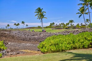 A golf course with a lava field, palm trees, and a clear sky. - 🌴 Hale Kolepa | AC | Located By Mauna Lani Golf Course 🌴 (Waimea)