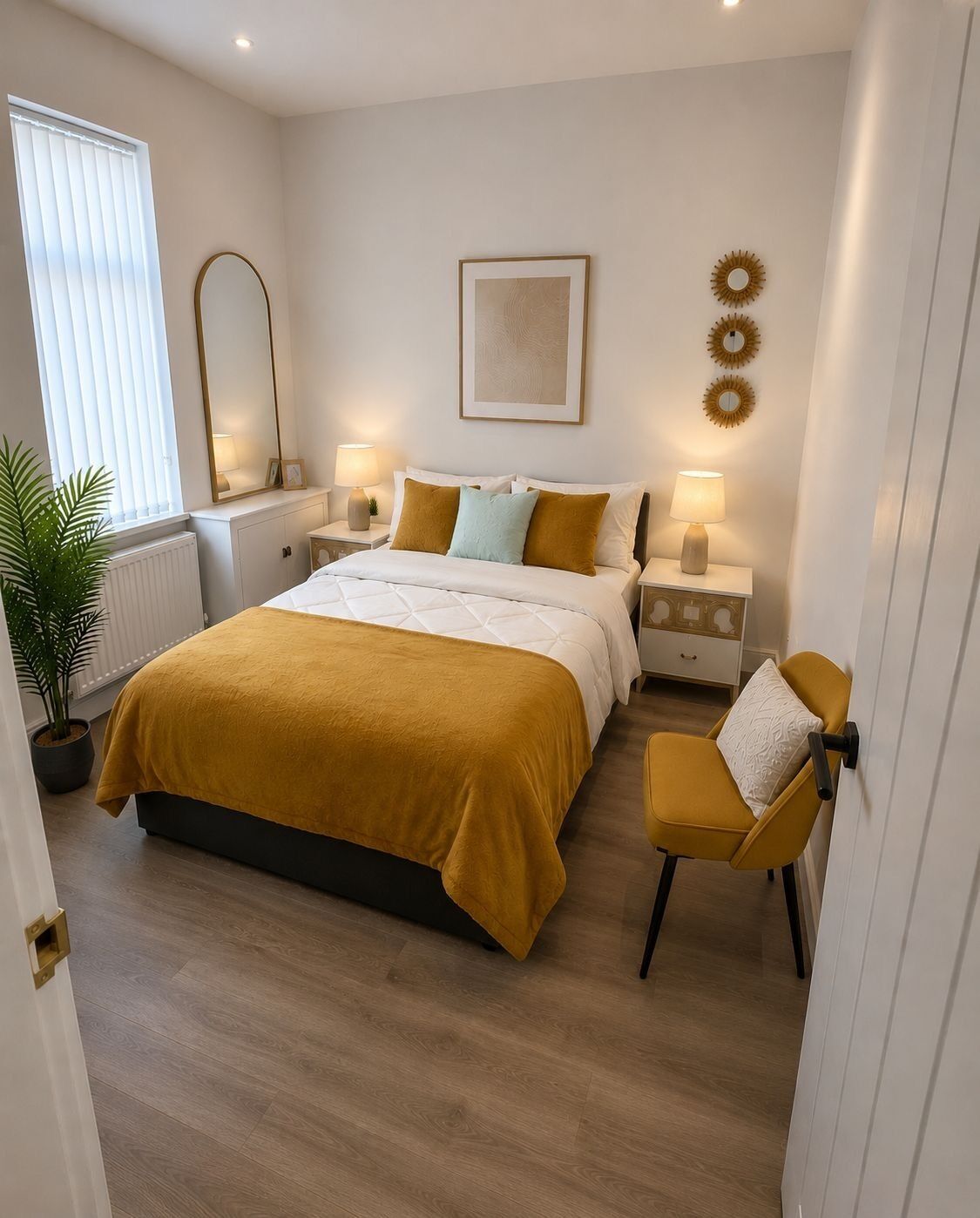 A modern bedroom with a large bed, bedside lamps, a potted plant, and a chair.