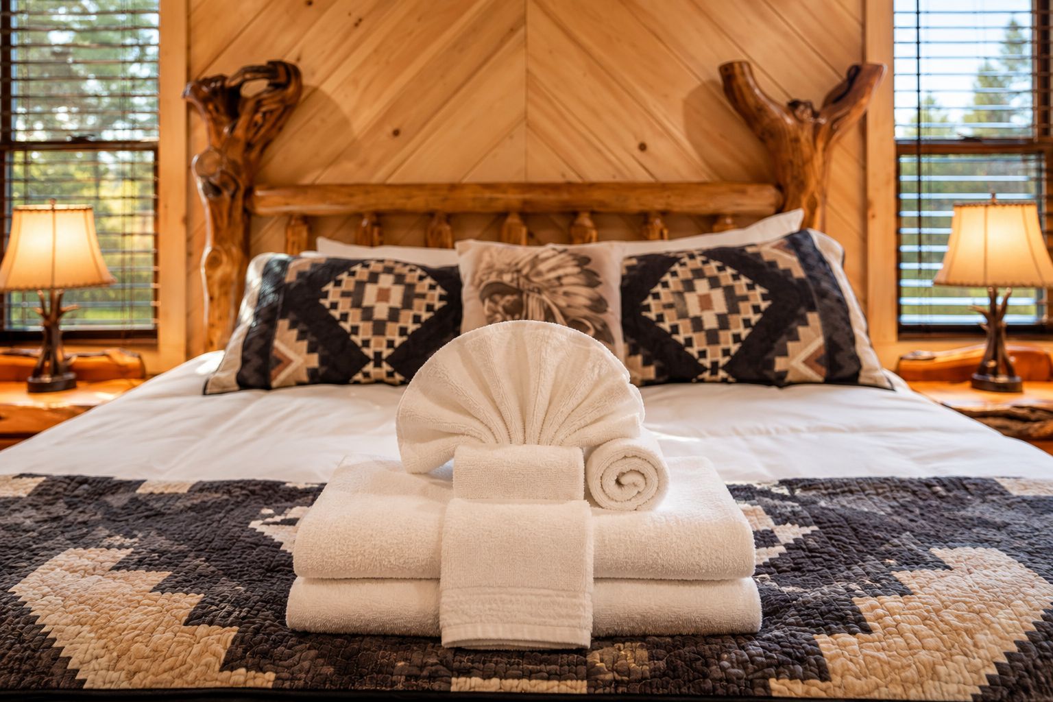 Een netjes opgemaakt bed met een opgerolde handdoek in het midden, een vloerkleed met een patroon en een houten hoofdbord.