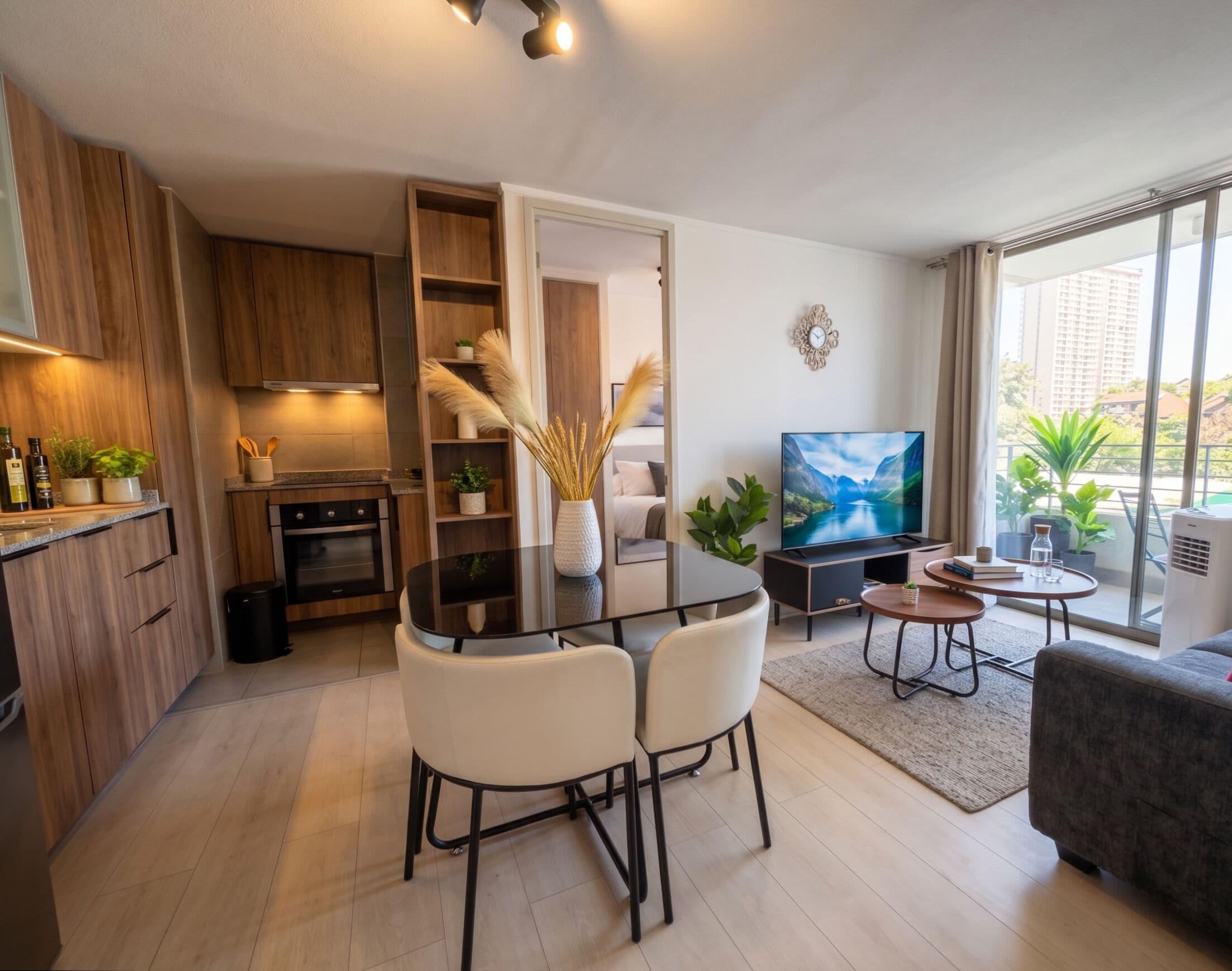 A modern apartment with a kitchen, dining area, and living room.