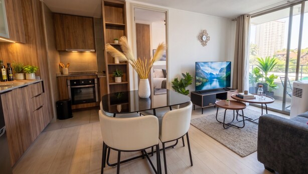 A modern apartment with a kitchen, dining area, and living room. - Stgo Metro A. Hurtado - Domus Travels (Santiago)