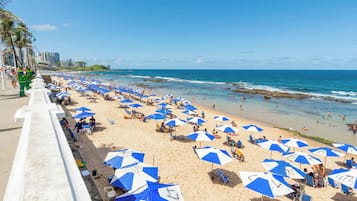 A beach with numerous umbrellas and people.