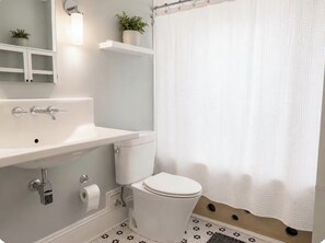 A bathroom with a white sink, toilet, and shower curtain. - Edgewater Escape (Cleveland)