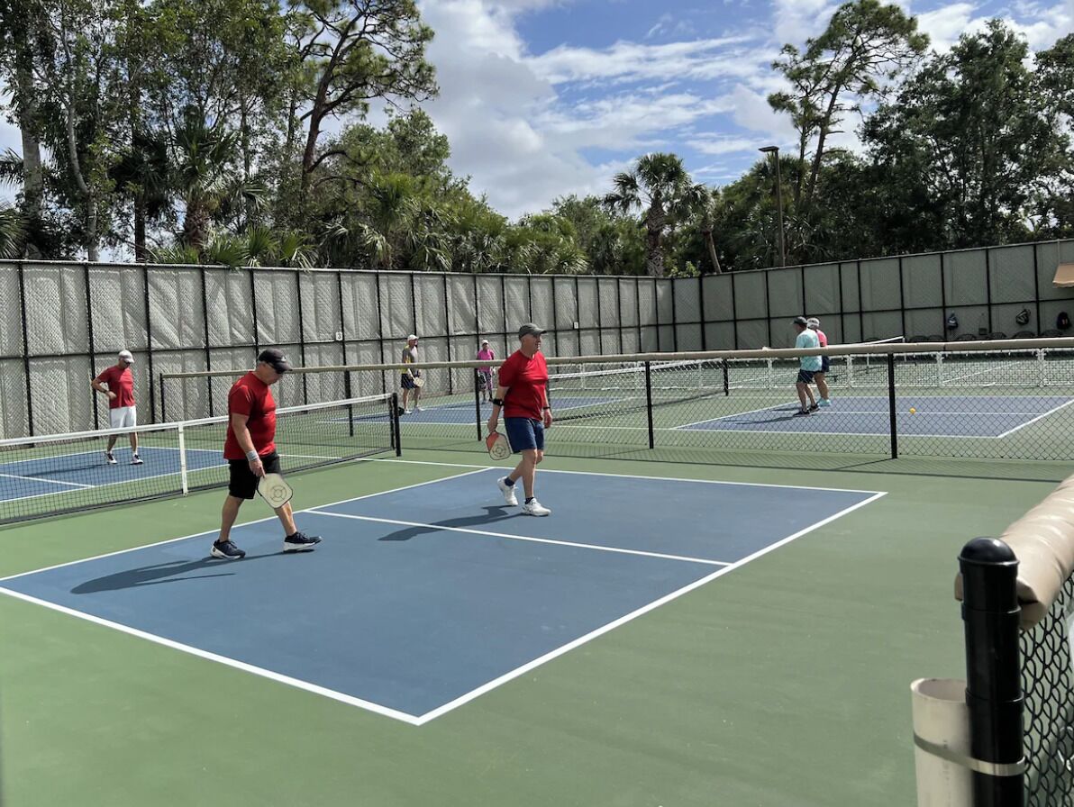 Un court de tennis avec un filet au centre, entouré d’une clôture et d’arbres.