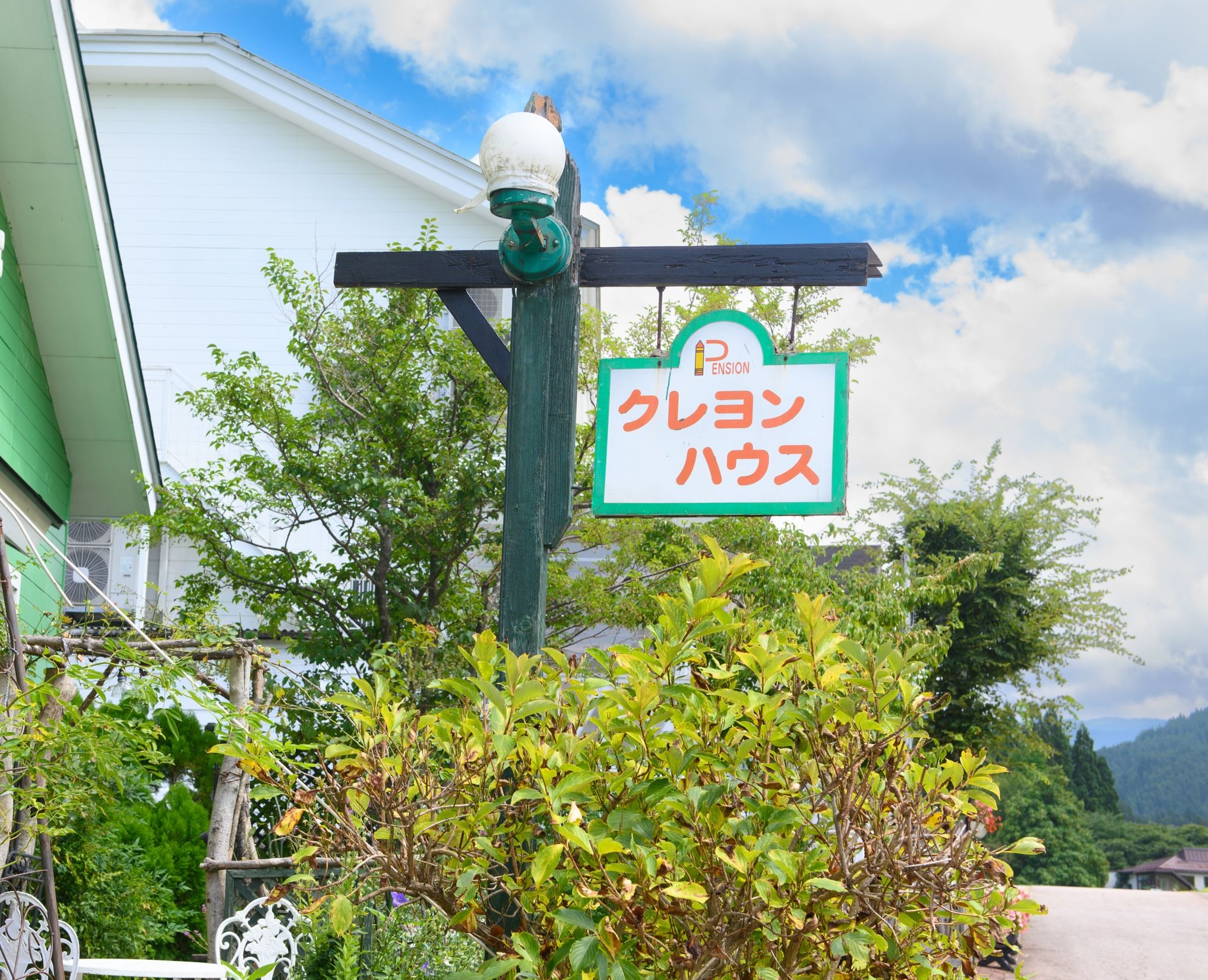 Un letrero con caracteres japoneses, un poste verde y un edificio blanco con tejado verde.