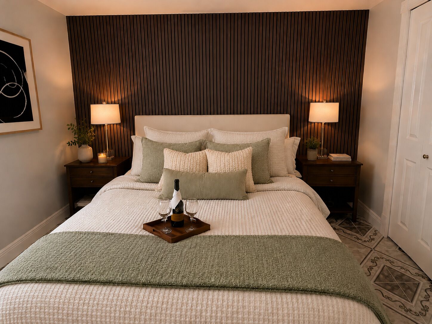 A hotel room with a large bed, two bedside tables with lamps, a framed picture on the wall, and a tray with a bottle and glasses on the bed.