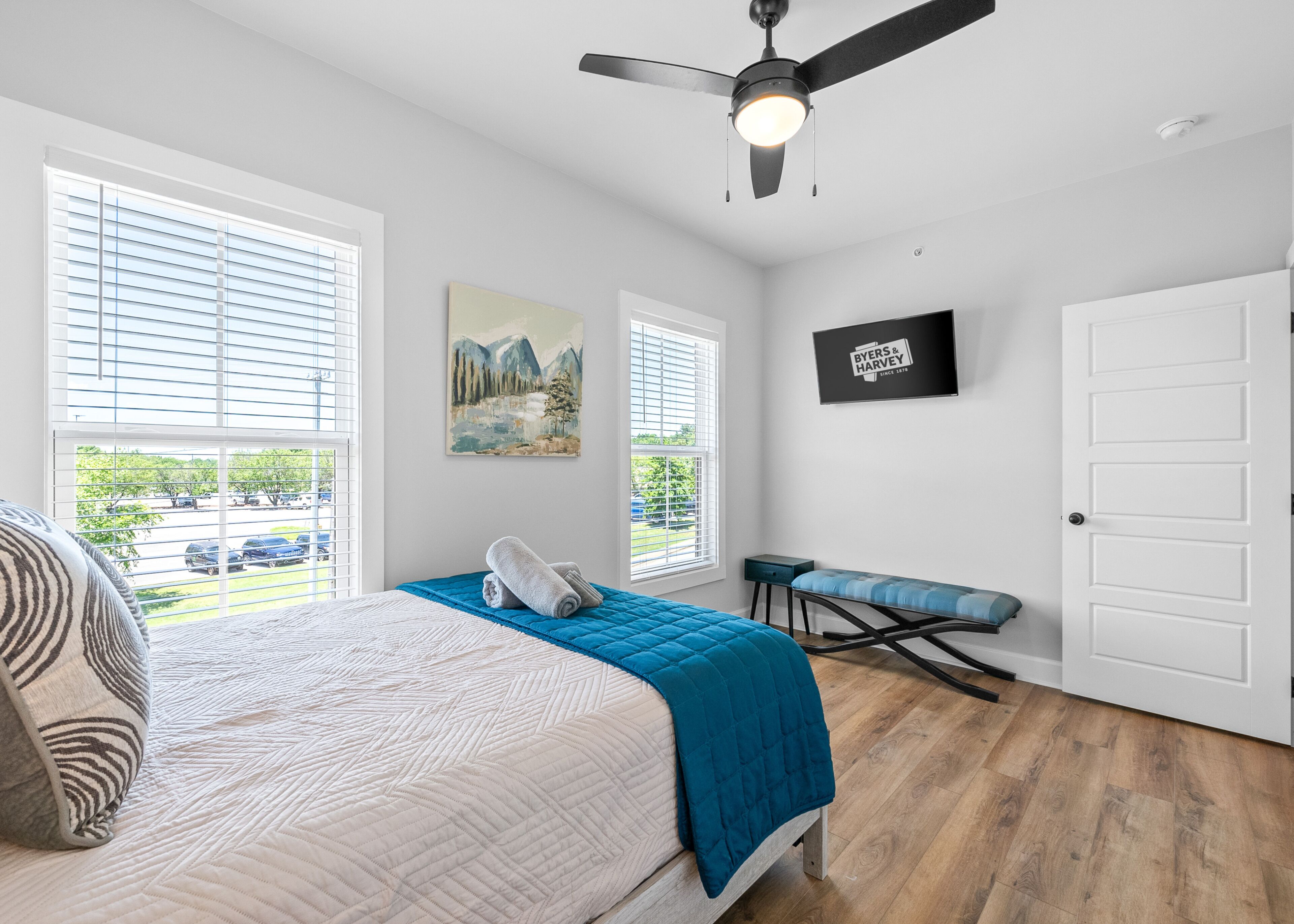 A bedroom with a bed, a ceiling fan, a painting, a TV, and a door.