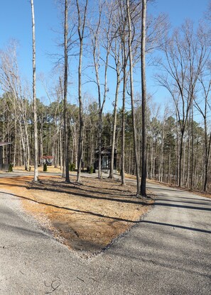 A residential area with a gravel driveway, leafless trees, and a house with a red roof.
