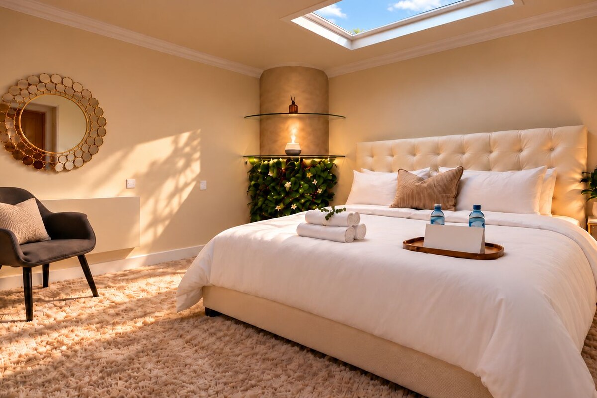 A bedroom with a large bed, a chair, a mirror, a bedside table, and a skylight.