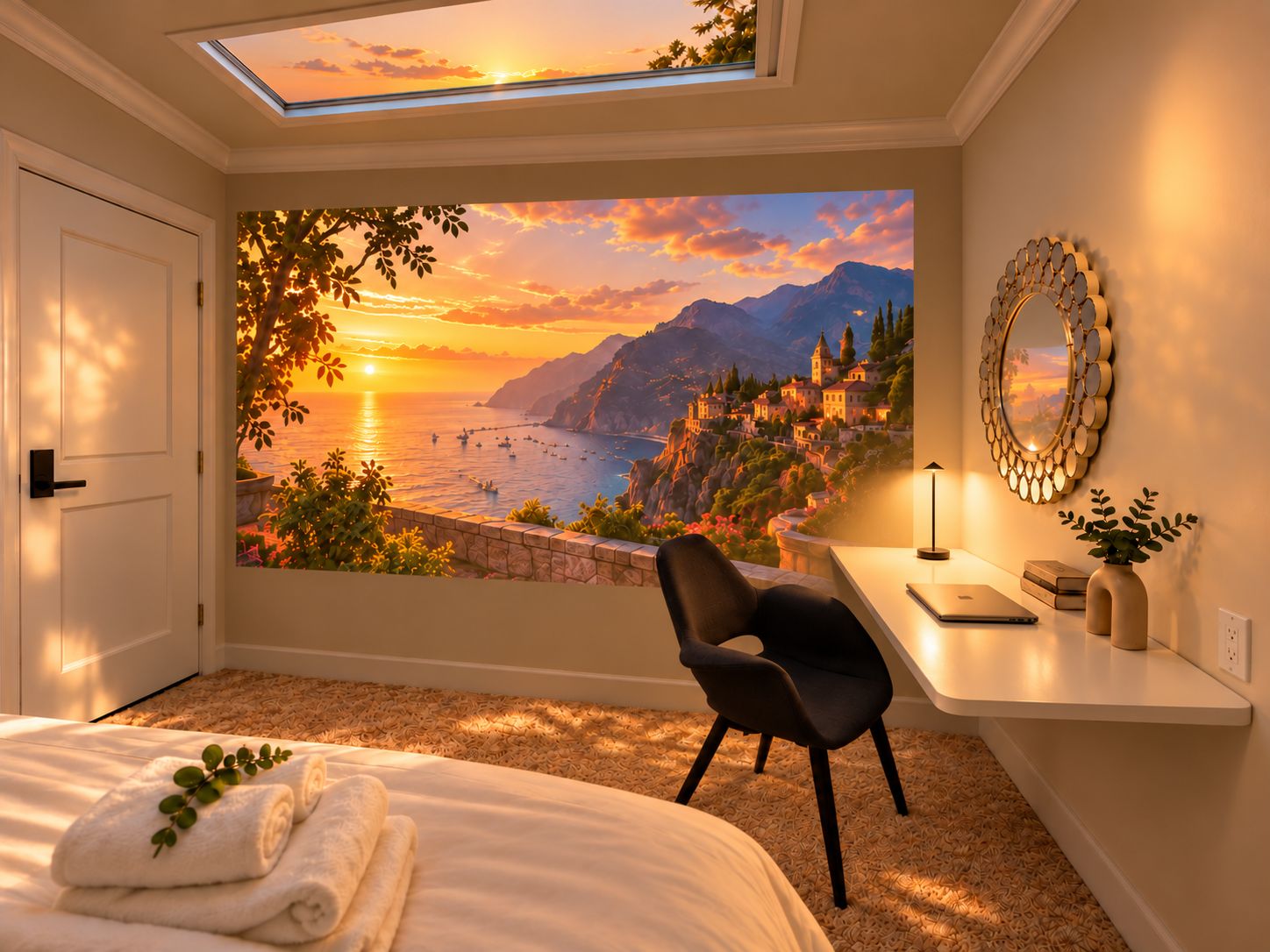 Una camera da letto con un ampio murale panoramico, un letto con asciugamani arrotolati, una scrivania con un portatile e una sedia.