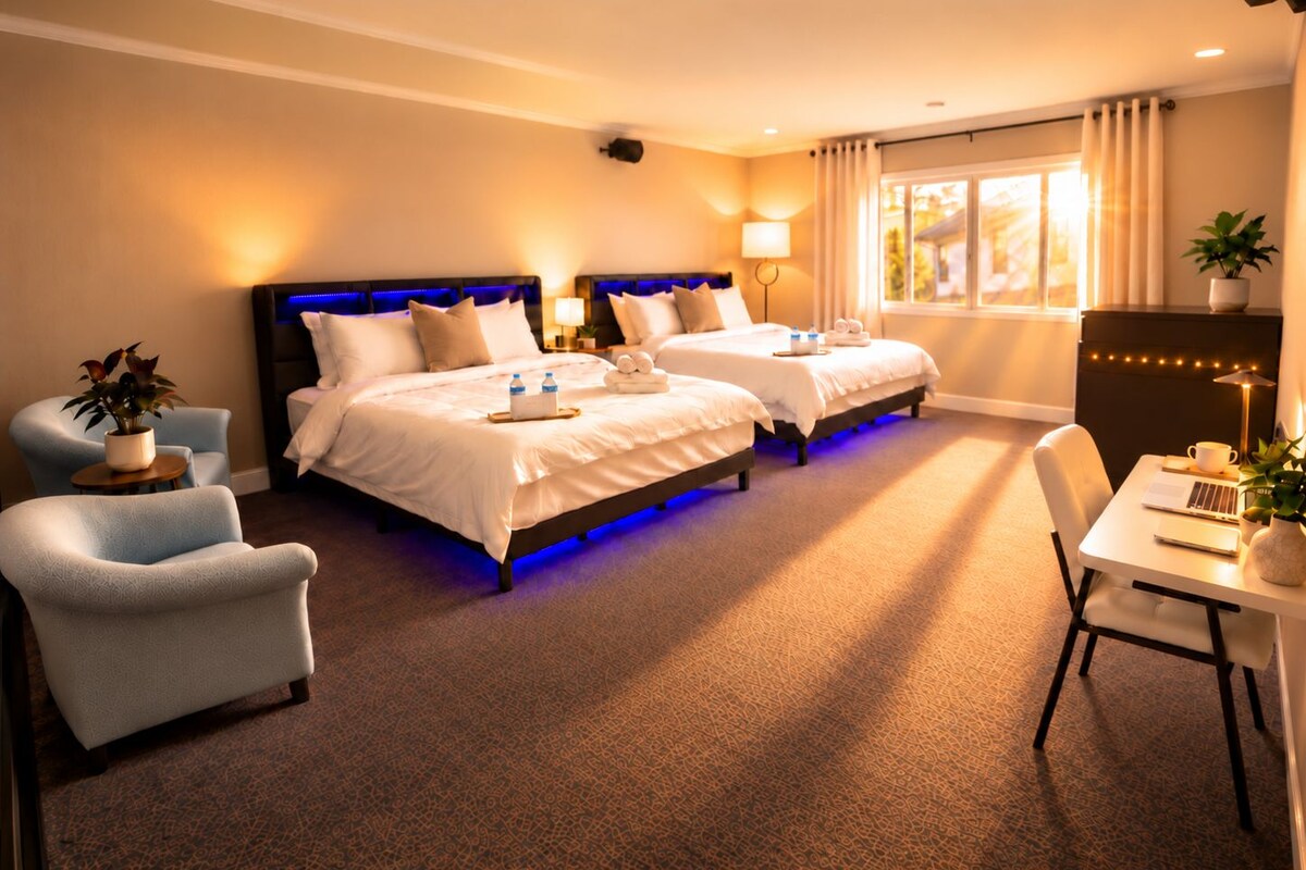 A hotel room with two beds, a desk, a chair, a small table, a potted plant, and a window with curtains.