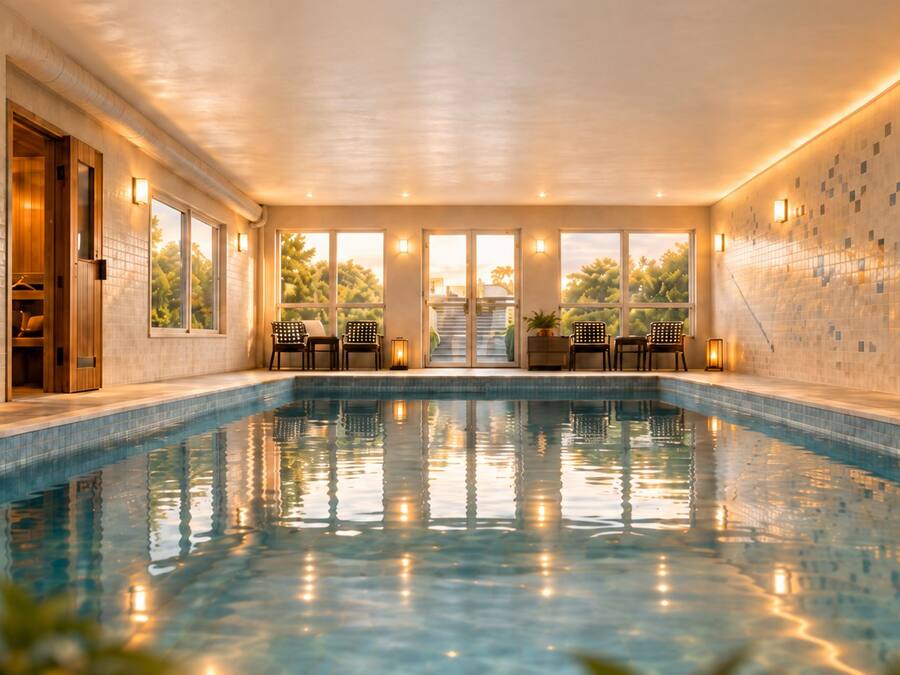 Piscina con vista su alberi e interni illuminati dal sole.
