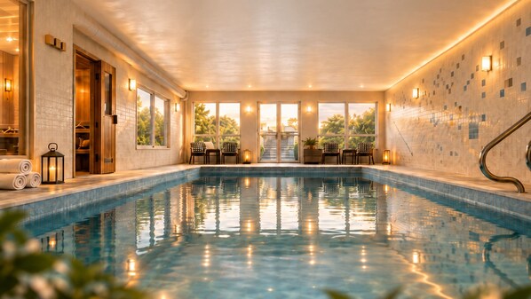 A swimming pool with a view of trees and a sunlit interior. - Breezery Retreat (Richmond)