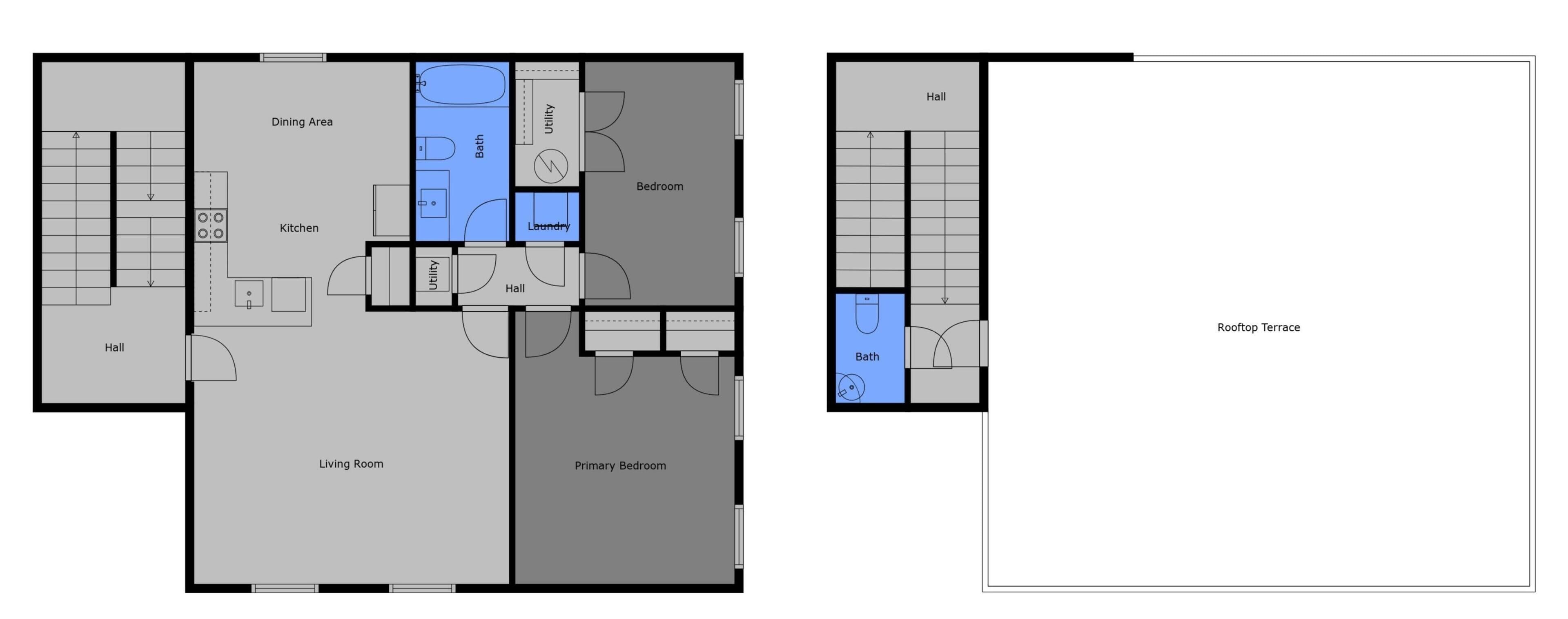 A hotel floor plan with a dining area, kitchen, living room, primary bedroom, bathroom, utility room, and a hall.