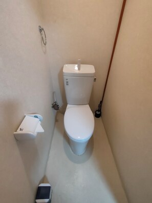 Een haardroger, handdoeken, zeep, toiletpapier