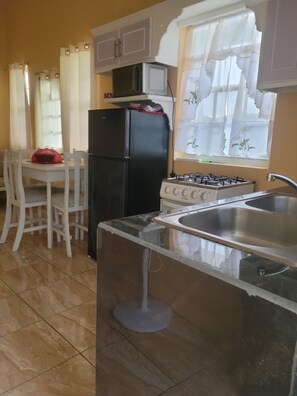 A kitchen with a gas stove, a refrigerator, a microwave, and a window with curtains. - ​Country Green — A Peaceful Saint Lucian Countryside Getaway (Castries)