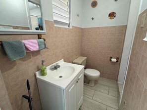 Ducha, secador de pelo, toallas, jabón