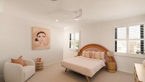 A bedroom with a bed, a chair, a bedside table, a lamp, a ceiling fan, and a window with blinds. - The Sanctuary by Aryve (Mermaid Waters)
