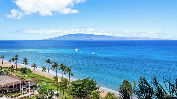 A coastal view with a beach, palm trees, and a boat in the water. - Whaler 1261 Beautiful Studio Ocean View - Special introductory rates (Lahaina)
