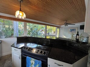 Eine Küche mit Herd, Backofen und einer Pendelleuchte.