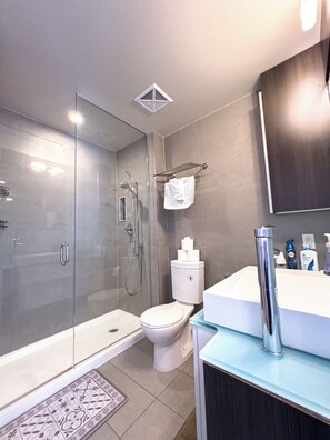 A modern bathroom with a glass-enclosed shower, a toilet, and a sink with a mirror above. - Central Suites Downtown Toronto (Toronto)
