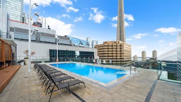 A rooftop pool with lounge chairs, a glass balustrade, and modern buildings in the background.