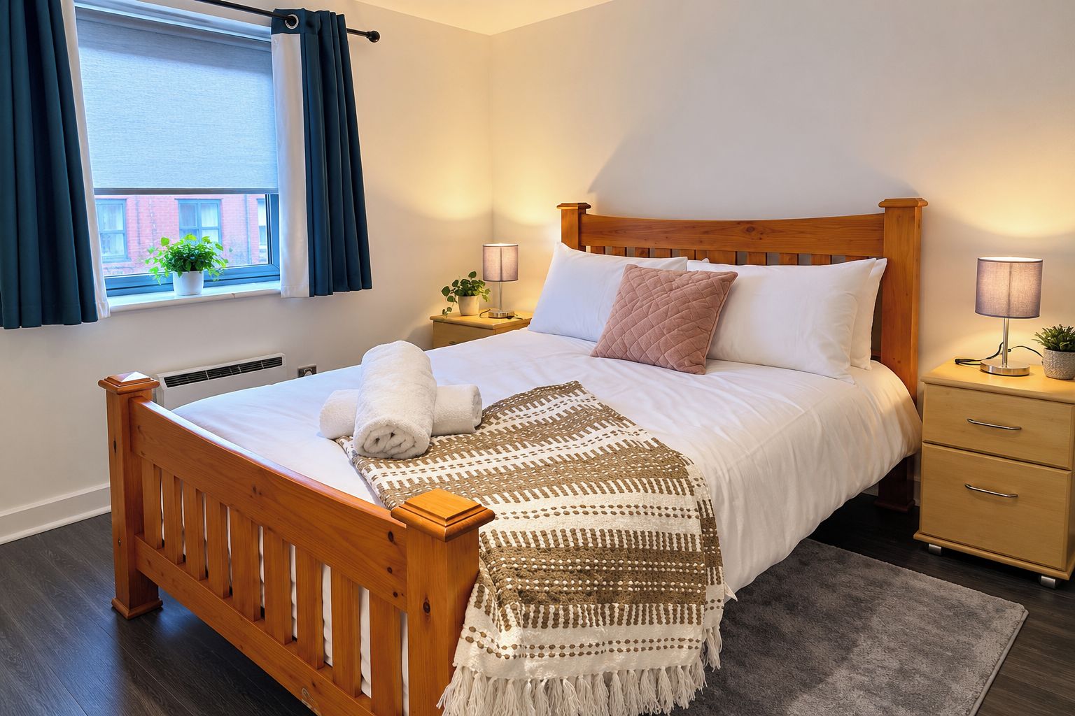Una cama bien hecha con cabecera de madera, una mesita de noche con lámpara y una ventana con cortinas.