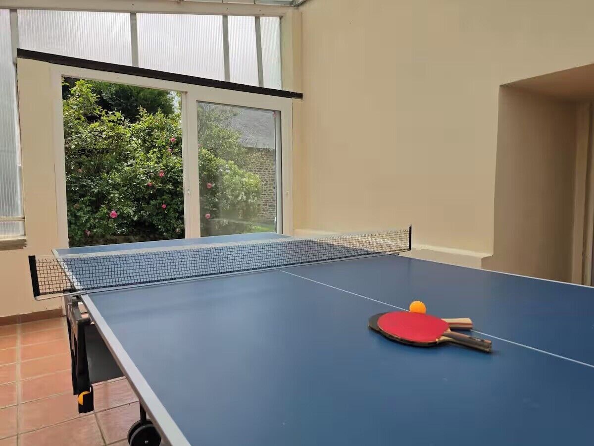 Een tafeltennistafel met net, een rode spatel en een gele bal in een ruimte met een raam en een deur.