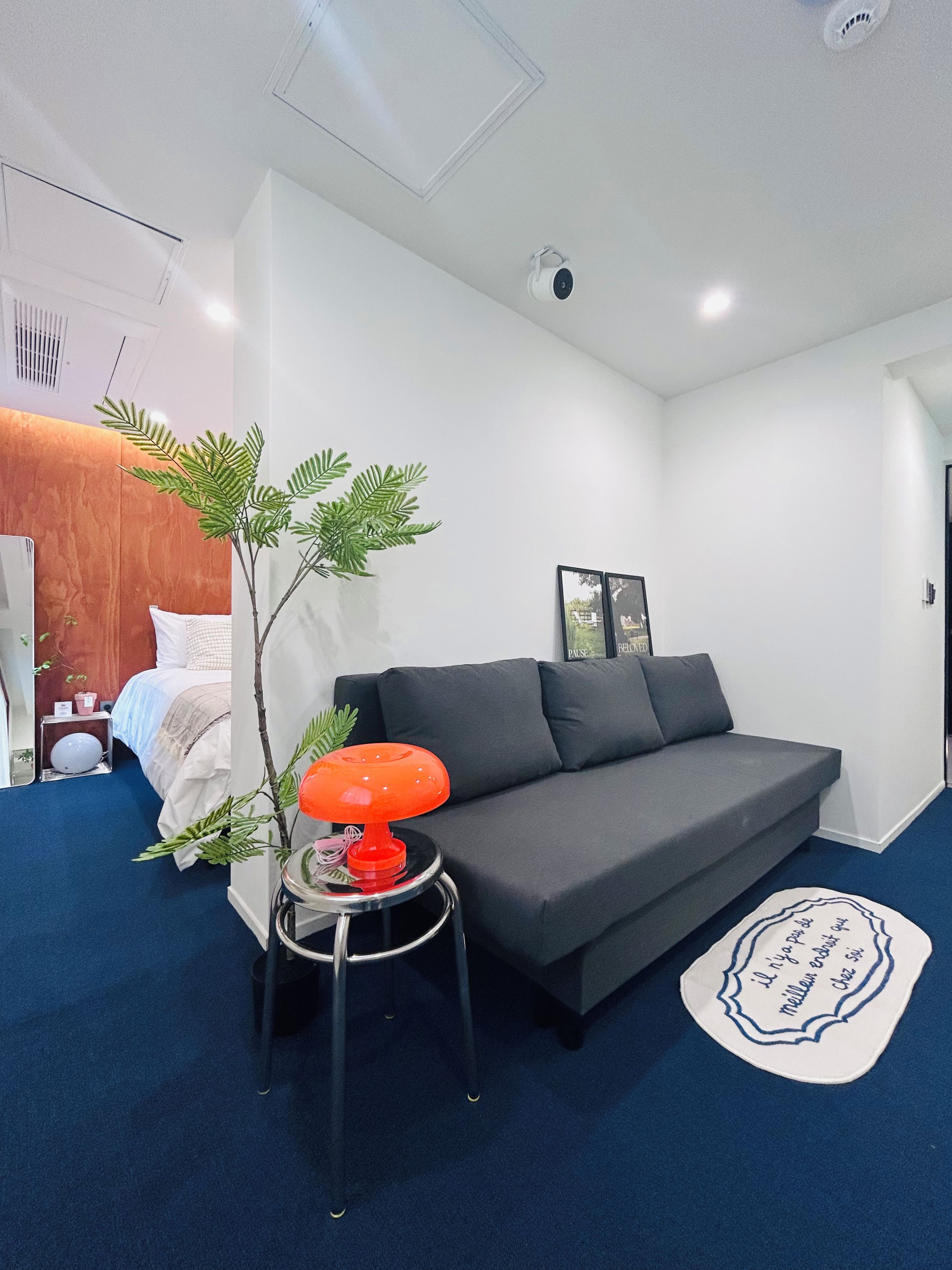 Una sala de estar moderna con un sofá gris, una mesita con una lámpara roja, una planta en maceta y una alfombra azul.