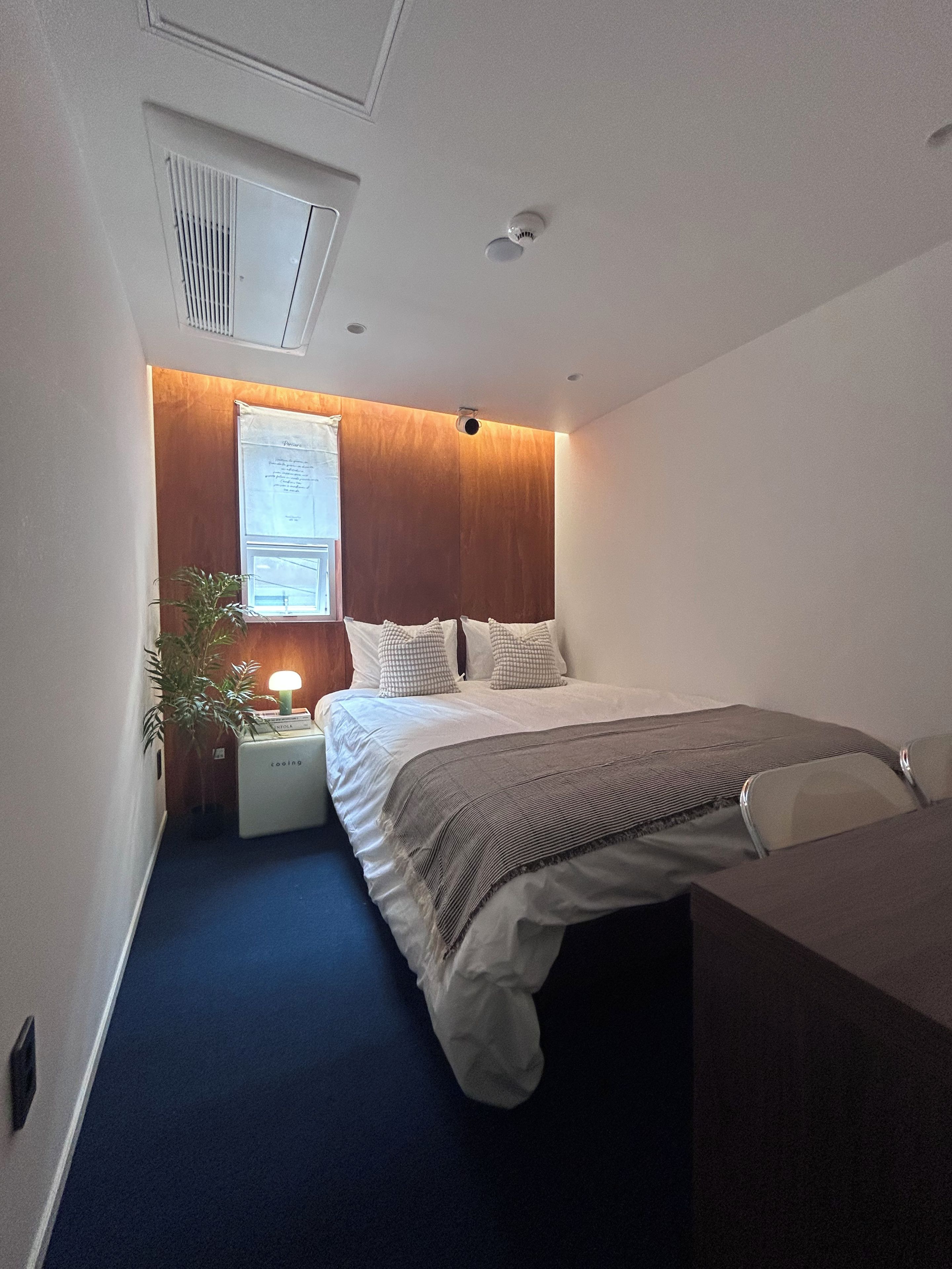 Een kleine hotelkamer met een enkel bed, een nachtkastje met lamp, een potplant en een raam met zonwering.