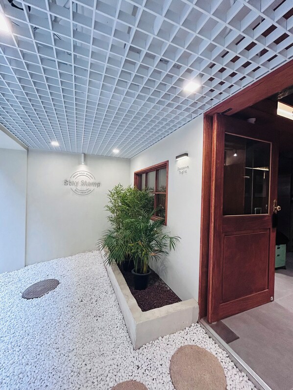 A hallway with a tiled ceiling, a potted plant, a wooden door, and a wall-mounted light fixture.