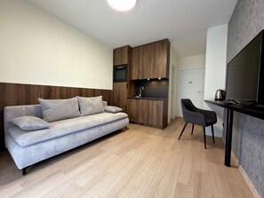 Ein stilvoller Wohnraum mit einer Couch, einer kleinen Küchenzeile und einem Flachbildfernseher.