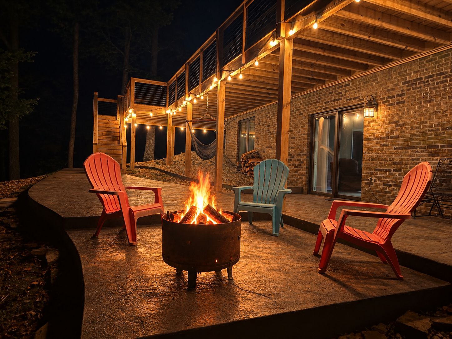 An outdoor patio with a fire pit, red and blue Adirondack chairs, and string lights.