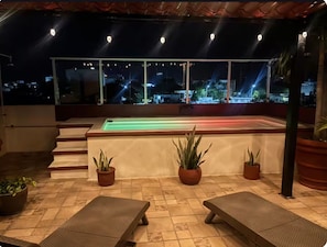 Eine Dachterrasse mit Pool, Sitzgelegenheiten und Pflanzkübeln.