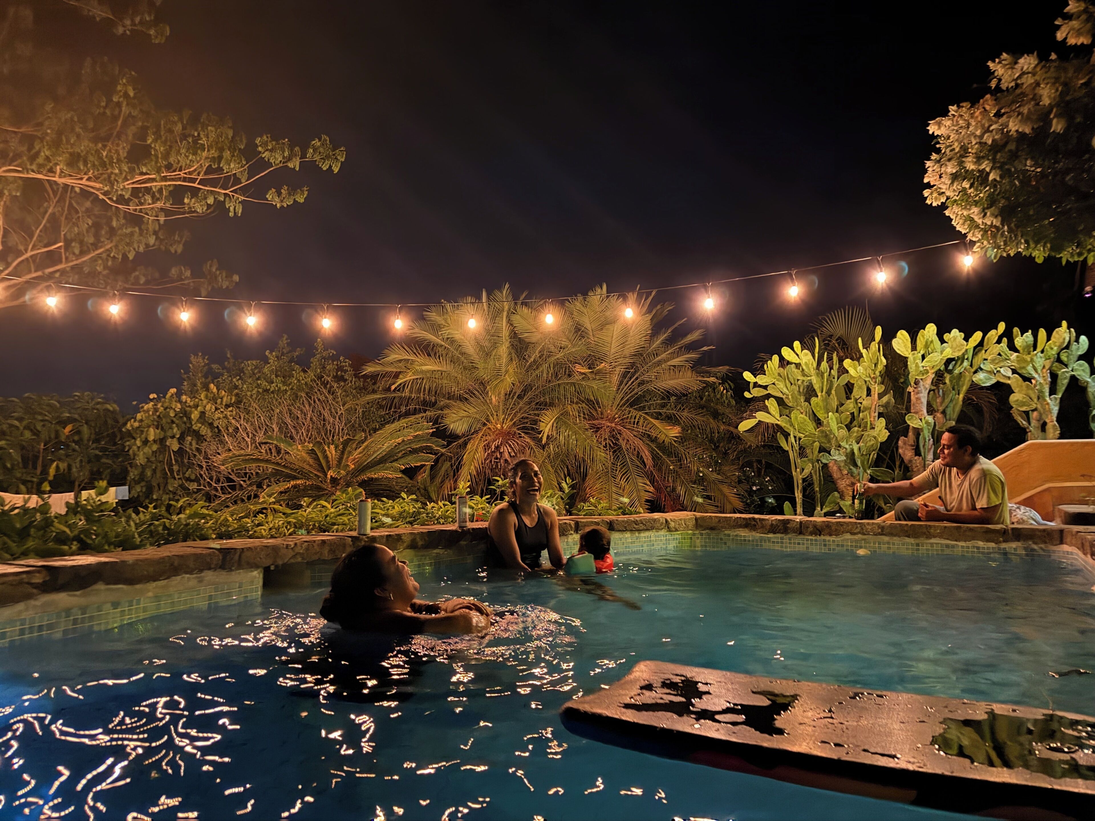 A swimming pool area with people, surrounded by greenery and string lights.