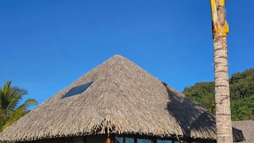 Un bâtiment à toit de chaume, avec une façade en bois, entouré d’une végétation tropicale et surplombé d’un ciel bleu azur.