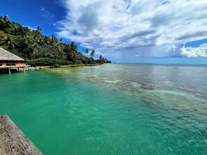 A clear turquoise sea with a wooden pier leading to a thatched-roof bungalow.