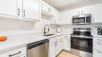 A modern kitchen with white cabinets, stainless steel appliances, and a dishwasher.